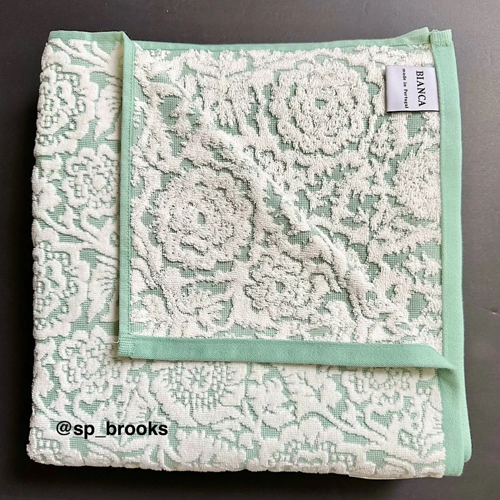 🎁6PC BIANCA Bath Towel Set - Floral Woven Terry Pattern Pastel Green & White